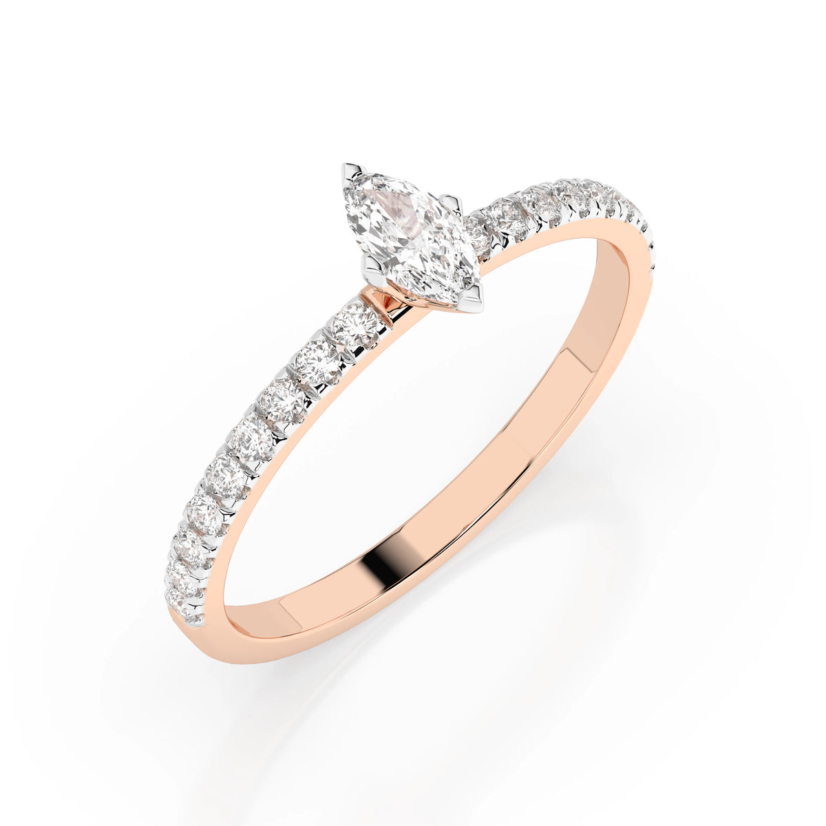Inel de Logodnă din Aur cu Diamant Central Marquise și Diamante Laterale 0,28 CT
