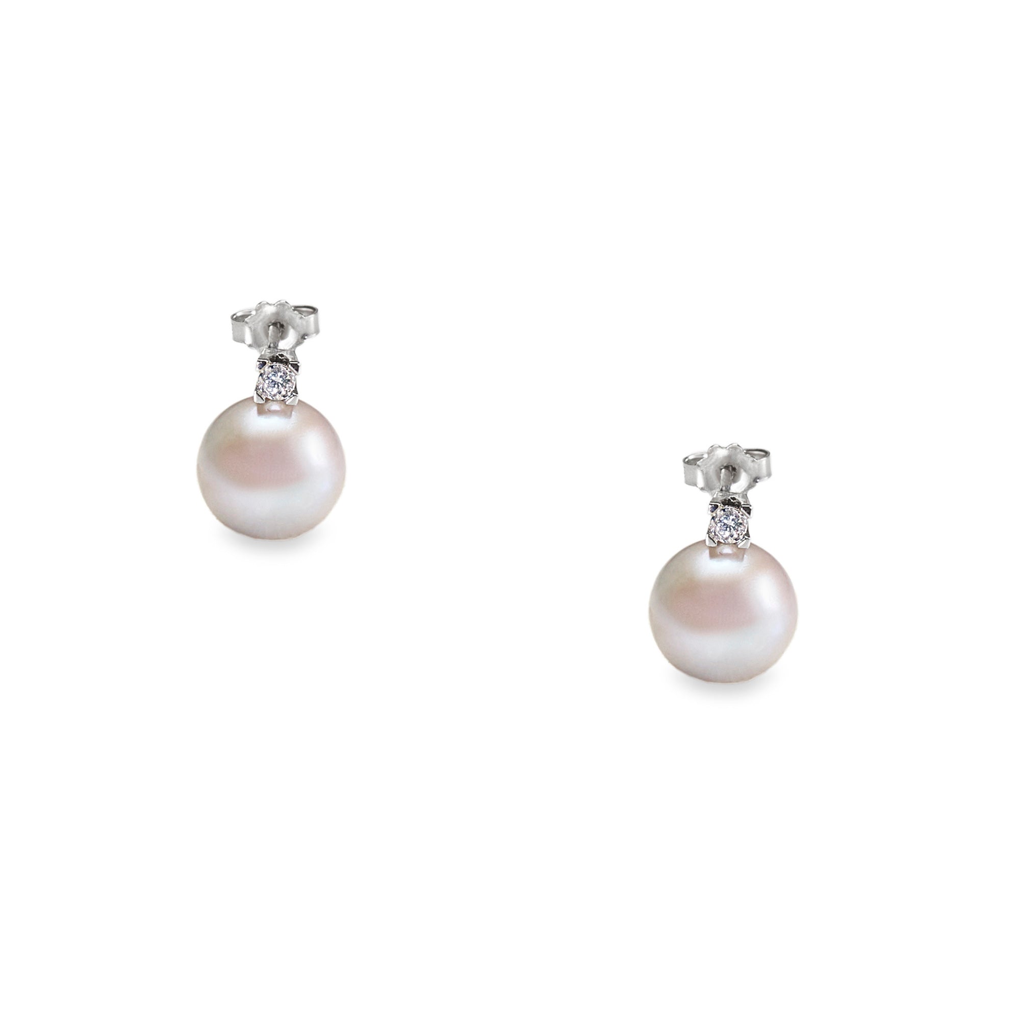 Cercei aur alb cu perle apa dulce 11-12 mm si diamante 0.06 ct