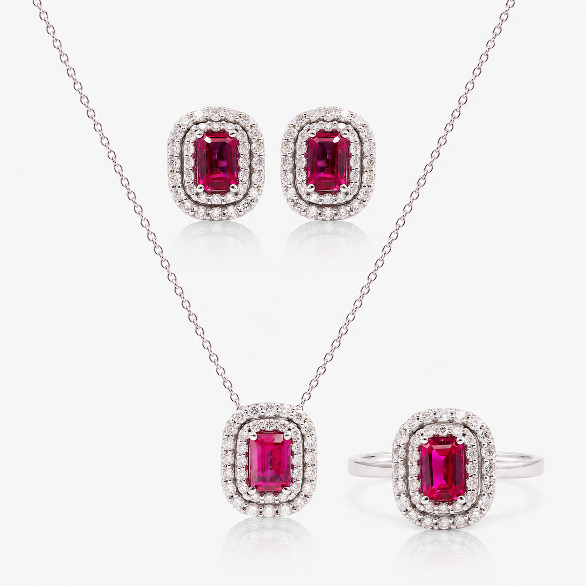 Set cercei, colier și inel din aur 18K cu rubine și diamante – Halo Dublu Dreptunghiular