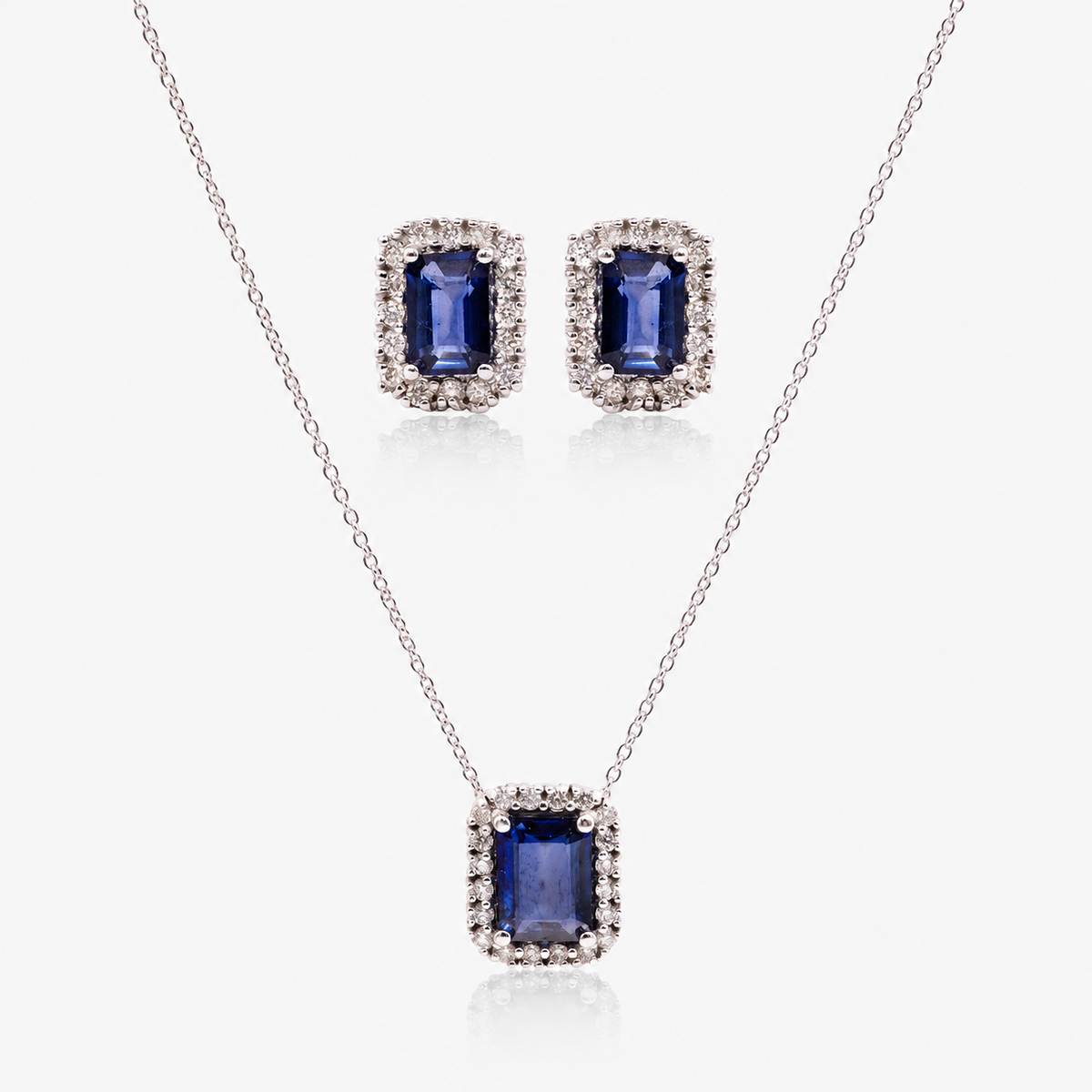 Set cercei și colier din aur 18K cu safire și diamante – Halo Dreptunghiular
