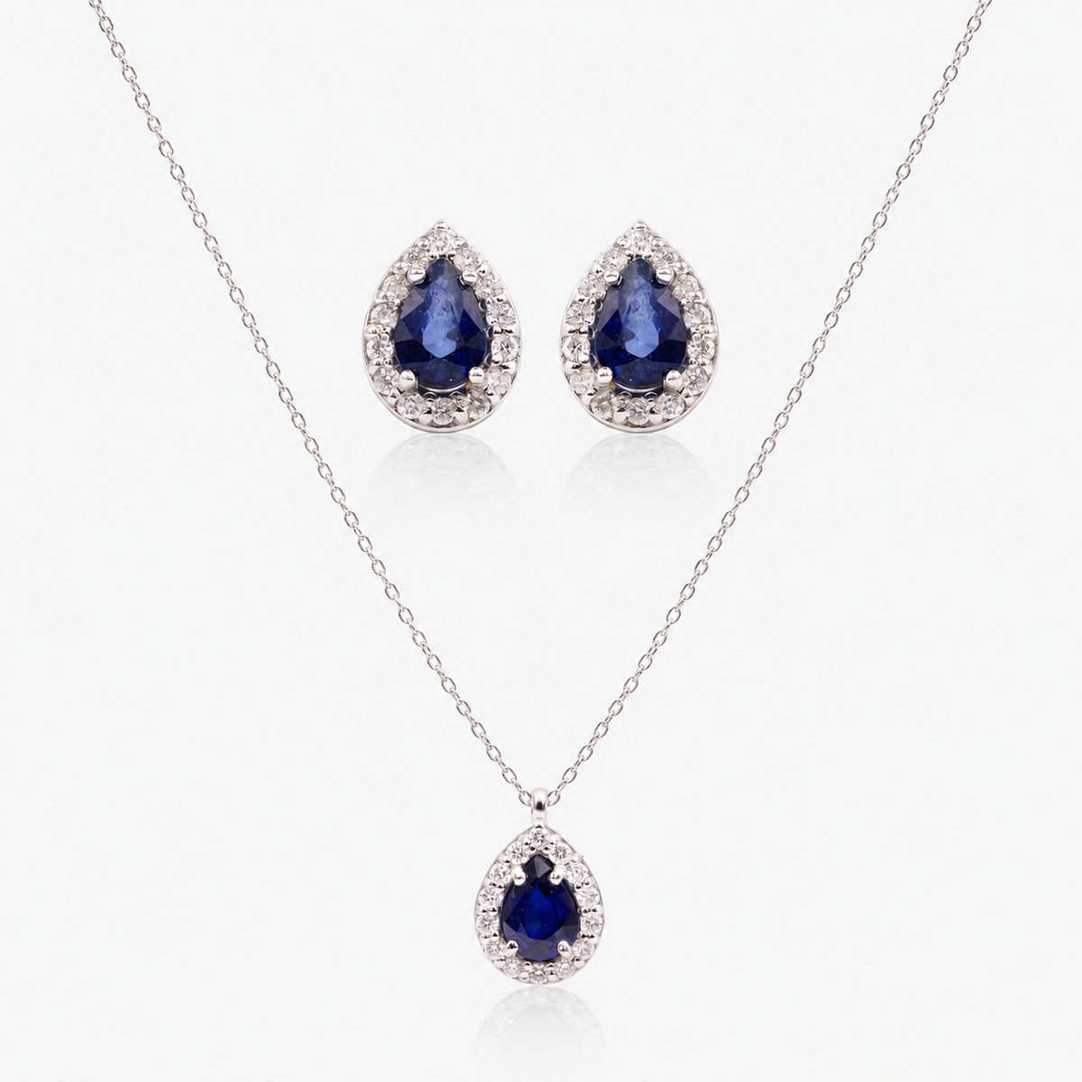 Set cercei și colier din aur 18K cu safire și diamante – Pear Shape cu Halo