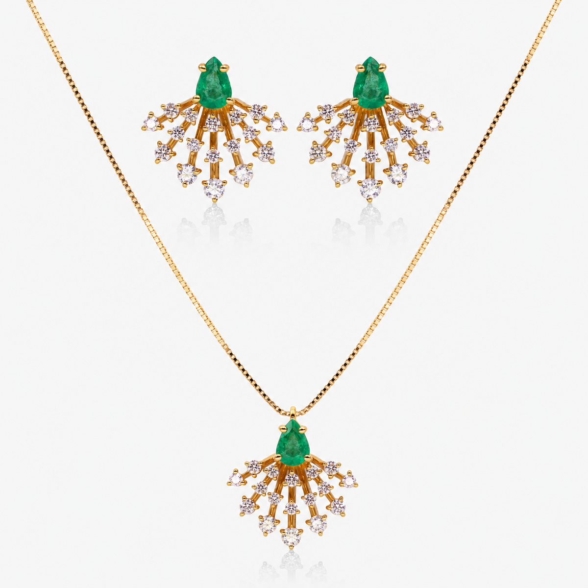 Set cercei și colier din aur 18K cu smaralde și diamante – Motiv Radial