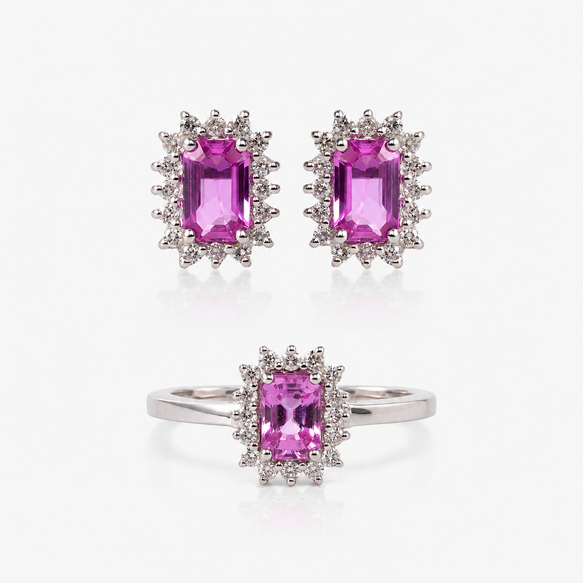 Set cercei și inel din aur 18K cu safire roz și diamante – Halo Dreptunghiular