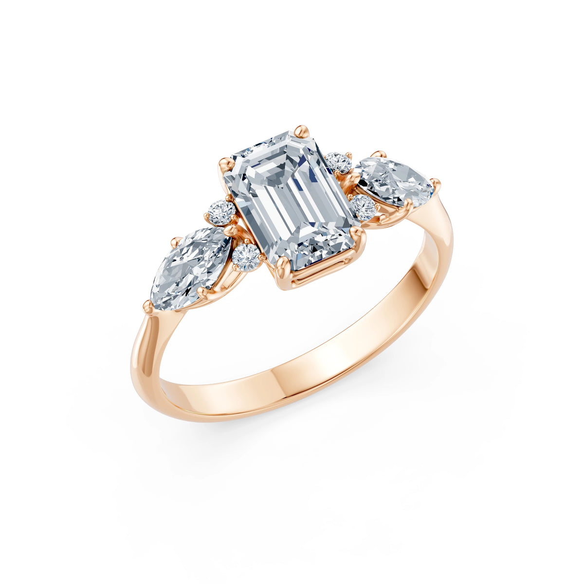 Inel de Logodnă din Aur cu Diamant Central Emerald și Diamante Laterale 2,17 CT