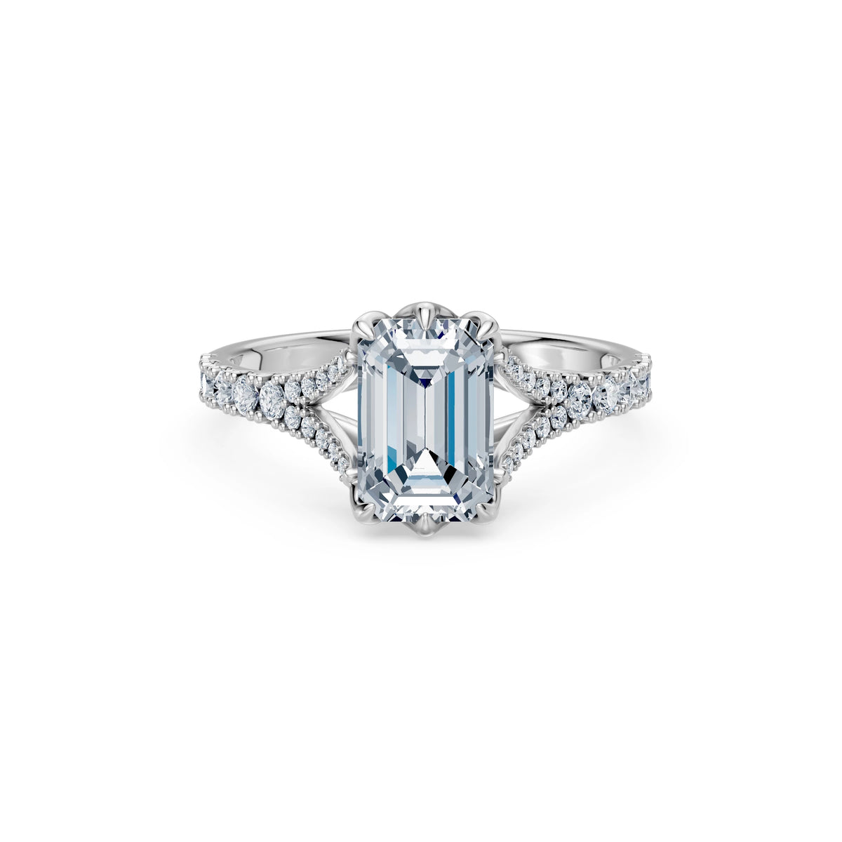 Inel de Logodnă din Aur cu Diamant Central Emerald și Diamante Laterale 2,37 CT