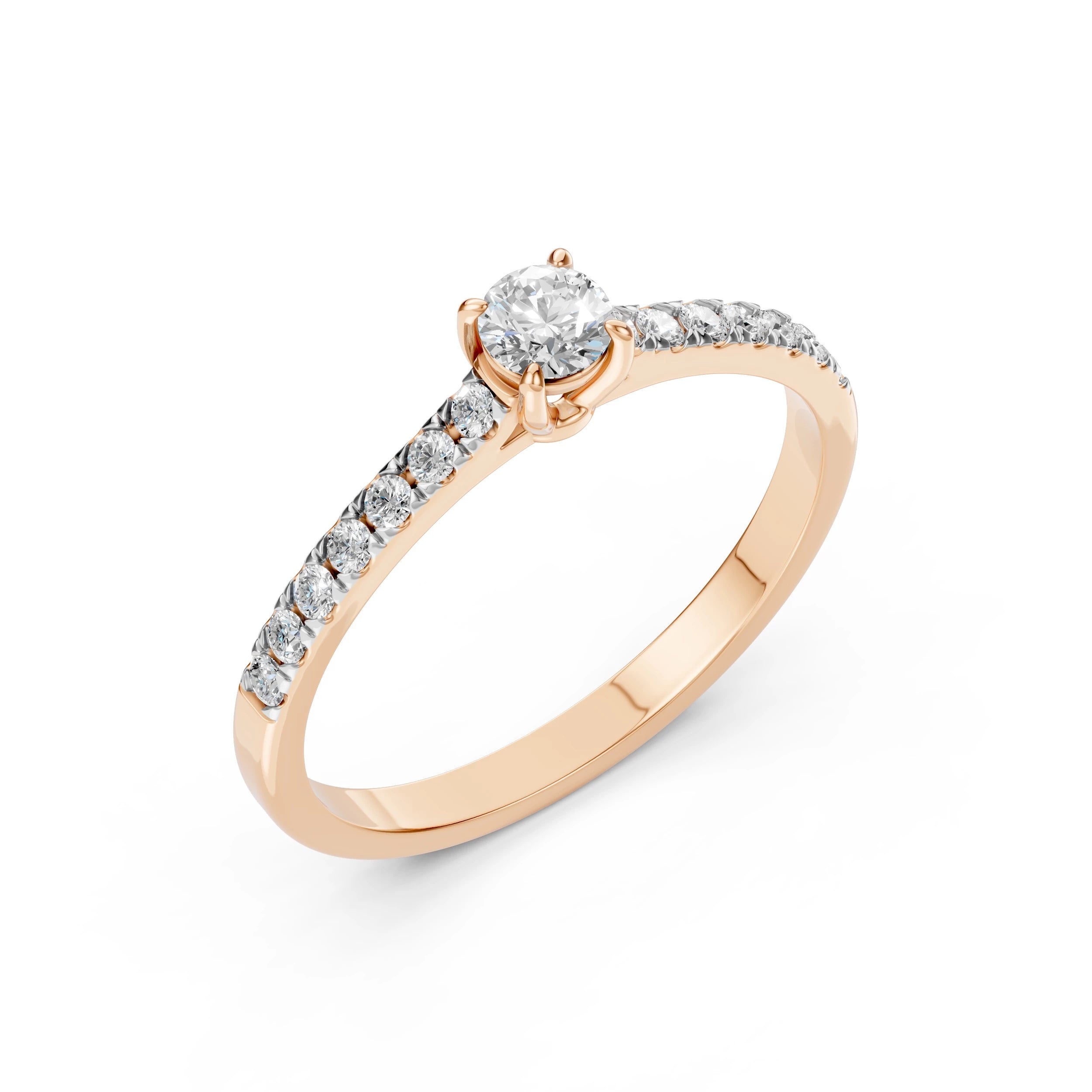 Inel de Logodnă din Aur cu Diamant Central și Diamante Laterale Rotunde 0.41 CT