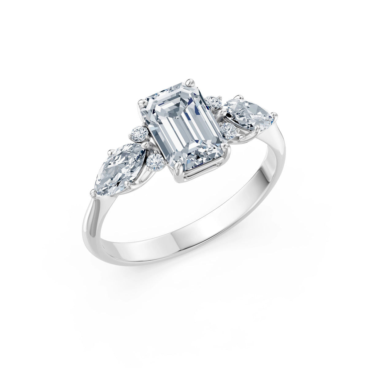 Inel de Logodnă din Aur cu Diamant Central Emerald și Diamante Laterale 2,17 CT