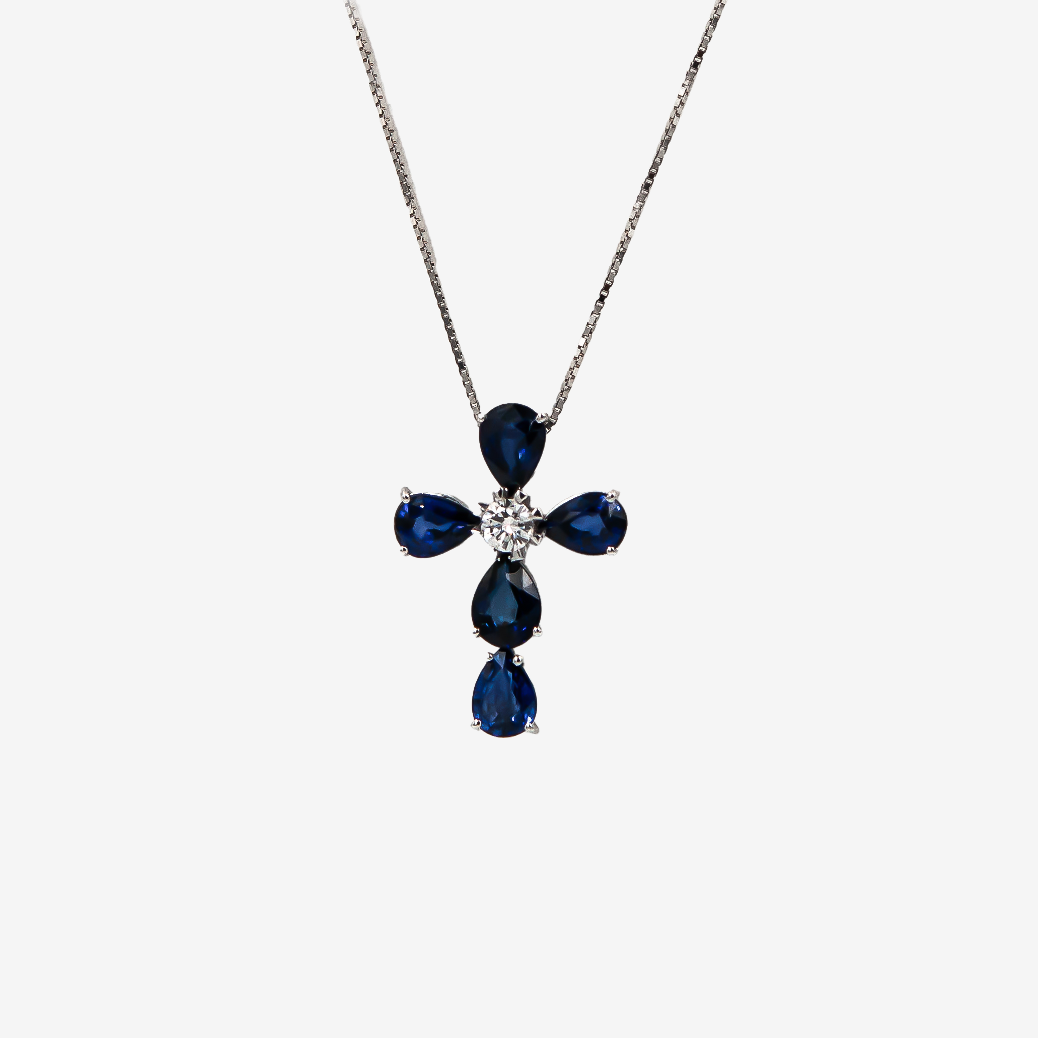 Sapphire Cross Necklace with Central Diamond